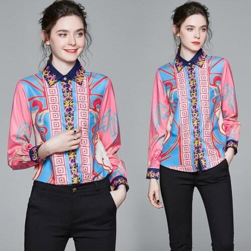 Pink Blouse Women Floral Print camisa branca feminina Blue Collar ladies tops Elegant Button Up Shirts Femme camisas de mujer