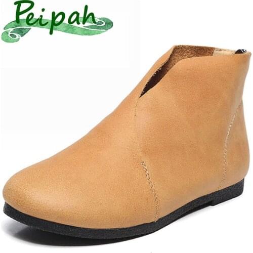 PEIPAH Retro Womens Ankle Boots Handmade Cow Leather Chelsea Boot Shoes Botas Mujer Casual Flat With Martins Boots Woman