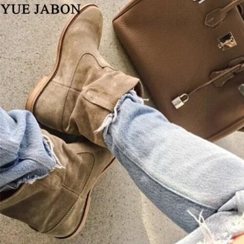 New Genuine Leather Suede Women Ankle Boots Slip On Cowboy Women Boots Shoes Women Motorcycle Shoes Flat /Height increasing heel