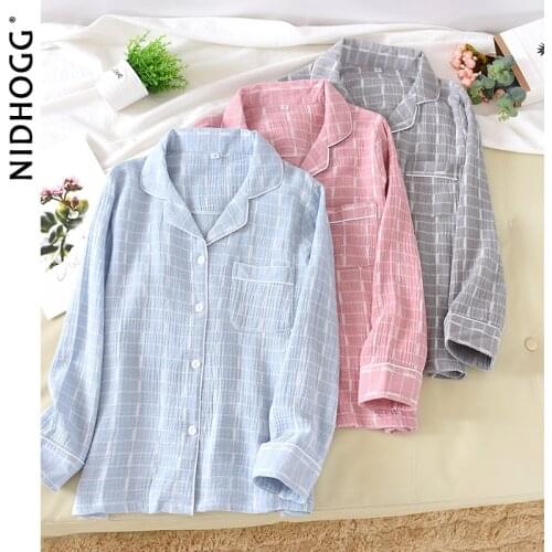 Womens Cotton Pajamas Double-Layer Cotton Crepe Sleep Tops Long Sleeve Loose Cardigan Sleepwear Sleeping Clothes Women Shirt