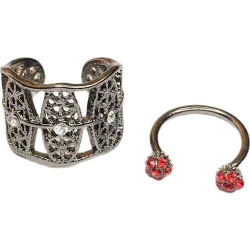 2 Pcs/Set Red Zircon Hollow Rings For Women Vintage Jewelry Creative Personality Fashion Open Rings Hip Hop Dating Party Gift