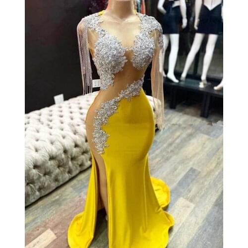 Yellow Prom Dresses Mermaid One-shoulder Long Sleeves Appliques Beaded Slit Sexy Long Prom Gown Evening Dresses Robe De Soiree