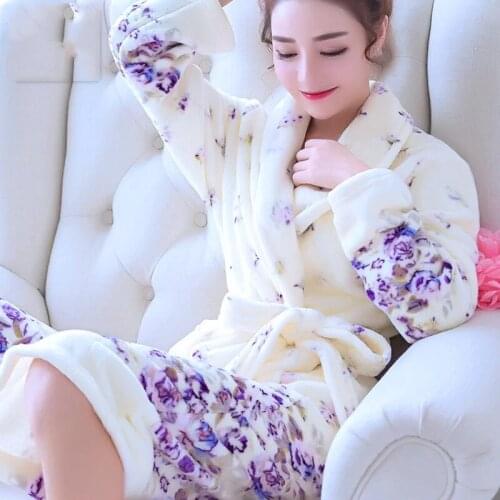 Winter Warm Women Robes Coral Fleece Nightdress Sleepwear Female Pajamas Home Clothes Floral Dressing Gron Kimono Hotel Bathrobe