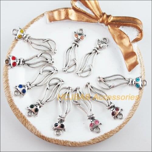 20 New Animal Cat Charms Tibetan Silver Tone Mixed Crystal Pendants 12x34mm