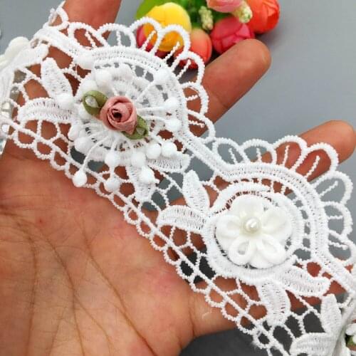 20x 3D Flower Pearl Waving French Fabric Lace Trim Ribbon Wedding Dress Sewing Soluble Embroidered Child Applique Craft