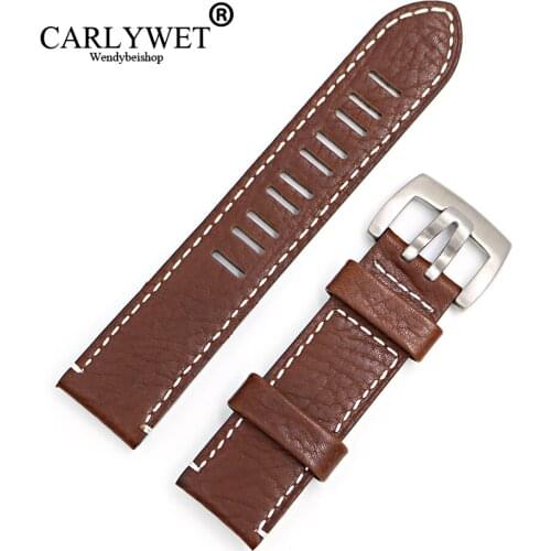 CARLYWET 23mm Wholesale Real Leather Brown Handmade Thick Vintage Wrist Watch Band Strap Belt With Double Tongue Pin Buckle
