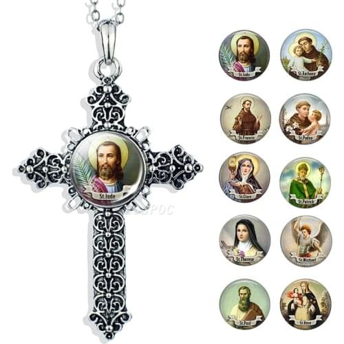 ST JUDE Saint Cross Necklace Virgin Mary Glass Cabochon Pendant Stainless Steel Chain Necklace Christian Catholic Jewelry