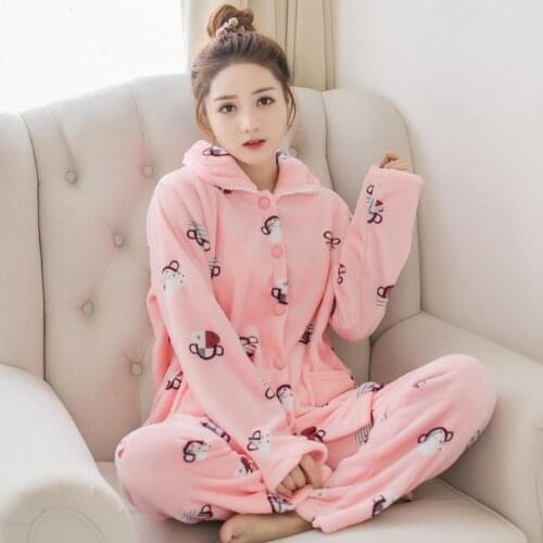 Heart Polka Dot Flannel Pajama Set Long Sleeve Lapel Women Two-pieces Sleepwear new