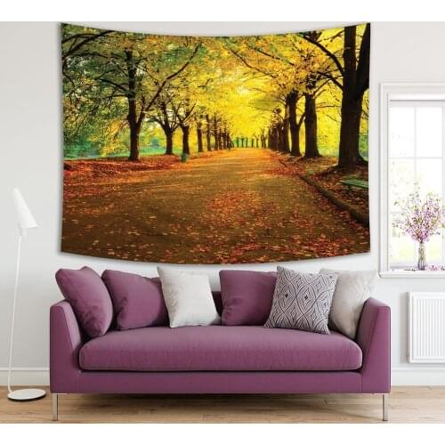 Tapestry Autumn In City Park Colorful Leaves Sun Light Bench Near the Tree Nature Scene Printed Yellow Orange Green