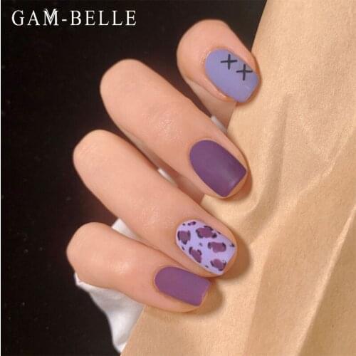GAM-BELLE Fake Nails with Designs Purple Leopard Full Cover Artificial Short Press On Nails Art Decoration DIY Manicure Tool