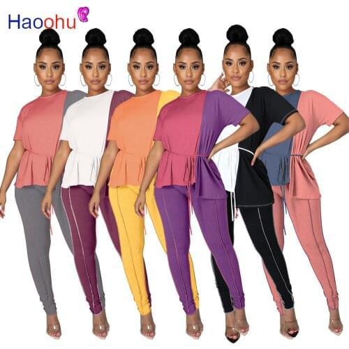HAOOHU Patchwork Two Piece Set Short Sleeve T Shirt Top Fitness Pants Summer Outfit for Women Tracksuit Loungewear Matching Set