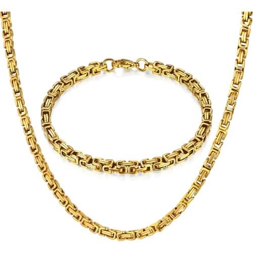 316L Stainless Steel Jewelry Set Hip Hop Gold Color Byzantine Chain Bracelet & Necklace Set For Men Wholesale Men Jewelry