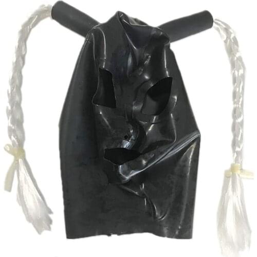 Latex Hood Mask with Double Blond Ponytail Pigtail Wigs Beautiful Girl Headgear Rubber Holiday Deadpool mask