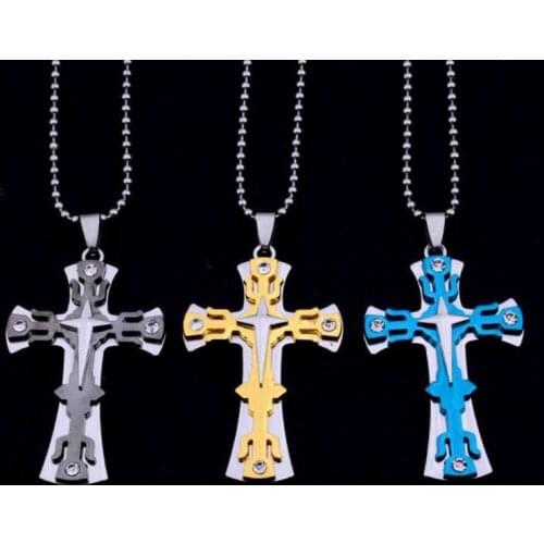 Mens Stainless steel Jesus Cross Pendant Necklace New Hot Sale Necklace Gold and Blue Cross Necklace Fashion Jewelry