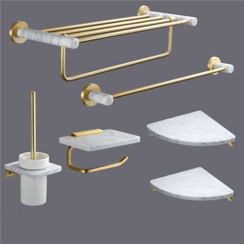Tuqiu Bathroom Accessories Set Brushed Gold Bathroom Shelf,Towel Rack,Towel Hanger,Paper holder,Toilet Brush Holder,Hook Marble
