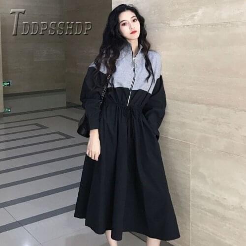 2019 New Stand Collar Patchwork Women Dress Autumn Korean Do Exercise Female Dresses