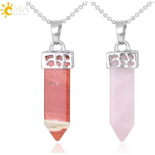 CSJA Natural Gem Stone Power Necklaces Pendants Pendulum Green Aventurine Pink Crystal Necklace Reiki Jewelry Accessories E115