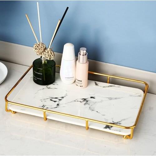 Marble Texture Ceramic Mirror Trays Bathroom Decorative Skin Care Product Storage Dreamy Color Tray Metal Frame Jewelry Plate