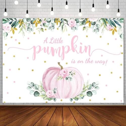 Pink Pumpkin Backdrops Girl Baby Shower Floral Golden Dots Green Leaf Banner Photography Background Photo Studio Props Photozone