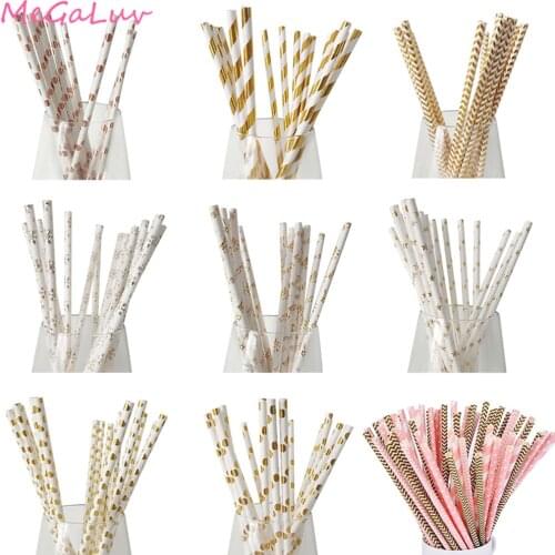 25pcs Gold Paper Straws Disposable Striped Dot Drinking Straw Birthday Party Wedding Decorations Kids Baby Shower Party Supplies