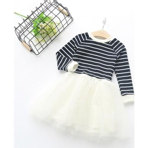 Europe & the United States fashion new fall girl striped princess dress long-sleeved tulle evening clothing Princess mesh dress