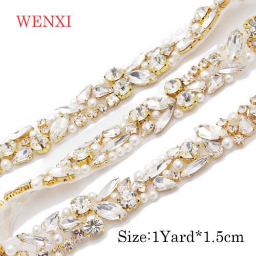 WENXI 5YARDS Wholesale Sparkle Crystal Rhinestone With pearl For Wedding Sash Clear Silver Crystal Rhinestone Applique WX920