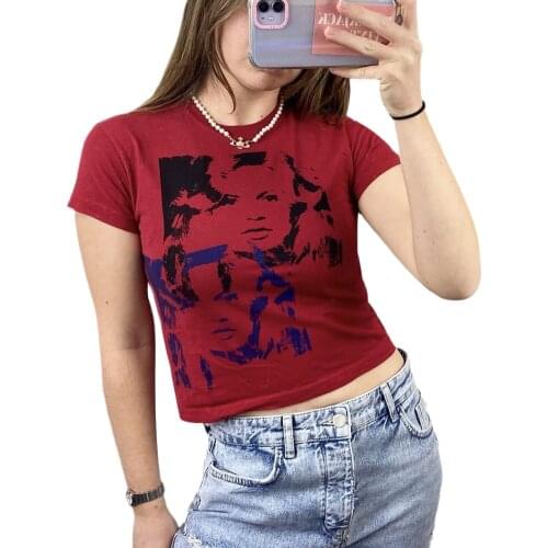 Womens Tops Summer Short Sleeve T-shirt Fashion Portrait Printing Slim Fit Exposed Navel Tops