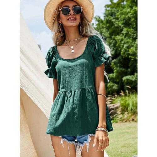 2021 Summer Women Tops Solid Color Round Neck Bubble Short Sleeve Cotton and Linen Minority Doll Blouse Loose Pullover