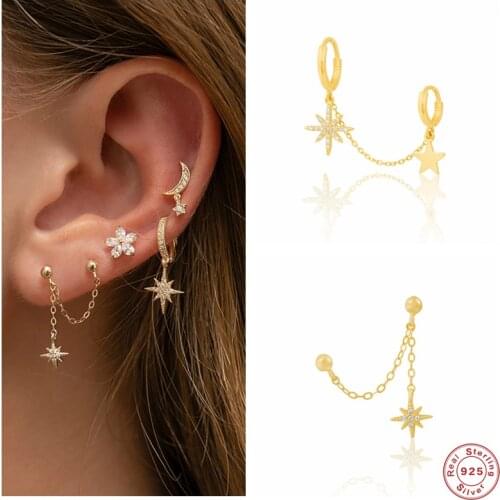 Aide 925 Sterling Silver Two Circle Hoop Earrings For Women Zircon Star Pendant Chain Tassel Double Huggie Earring Party Jewelry