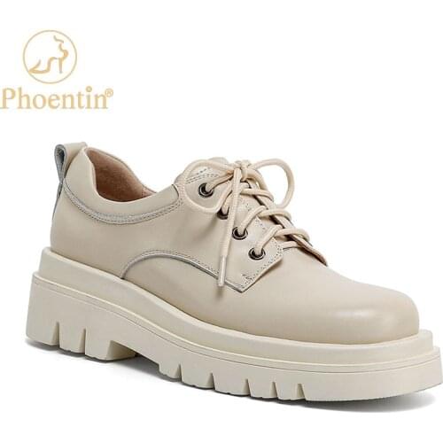 Phoentin Women Genuine Cow Leather Lace-Up Shoes Thick Sole Round Toe Shoes Spring Autumn Lady loafers Handmade 2021 FT1353
