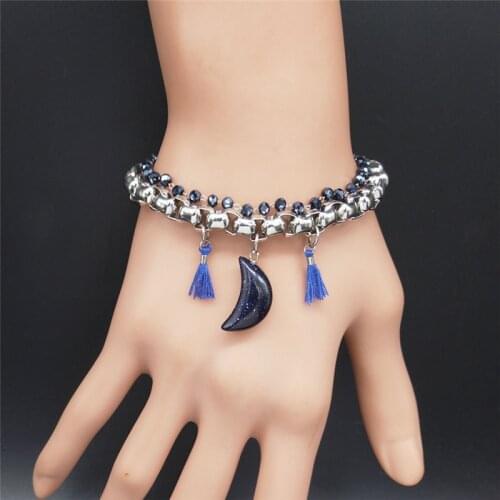 Blue Sandstone Stainless Steel Boho Bracelet Women Silver Color Tassel Bracelet Jewelry pulseras mujer B18660