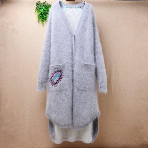 Ladies women fashion grey cute clown printing long mink cashmere knit long sleeves loose cardigans angora rabbit fur jacket coat