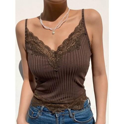 Women Lace Stitching Summer Vest Crop Tops Sexy Lace Slim Deep V Pit Strip Casual Camisole