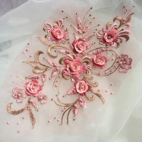 1 Piece Ivory White Blue Red Lace Applique 3D Beaded Lace Accessories Lace Appliques For Wedding Dresses