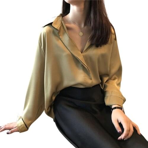 Spring Ladies Temperament Shirt Girls Solid Color Satin Surface Long Sleeve Lapel Loose Blouse Single-breasted Tops
