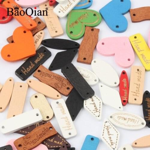 50Pcs Mixed Wooden Button "Hand Made" Tags Wood Garment Sewing Accessories For Clothes Handmade Scrapbooking Craft DIY