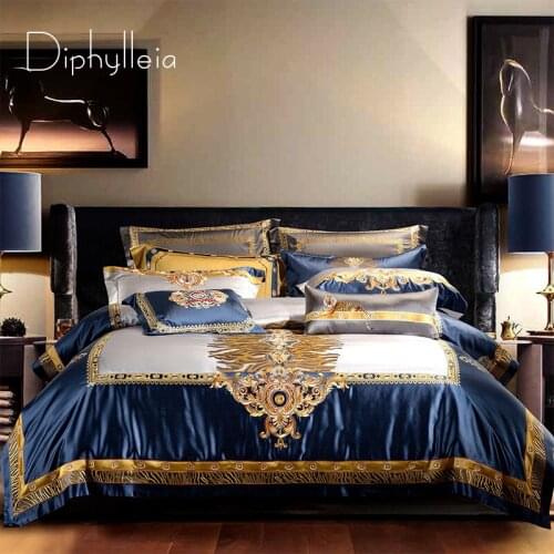Diphylleia Royal Palace Duvet Comforter Cover Set Queen Size 4pcs Blue Golden Silk Cotton Tiger Embroidered Bed Sheet Top Luxury