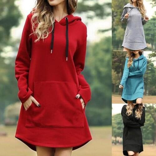 Long Hoodie Solid Color Drawstring Autumn Winter Large Pocket Irregular Hem Hooded Dress Christmas Casual Dresses for Women 2021