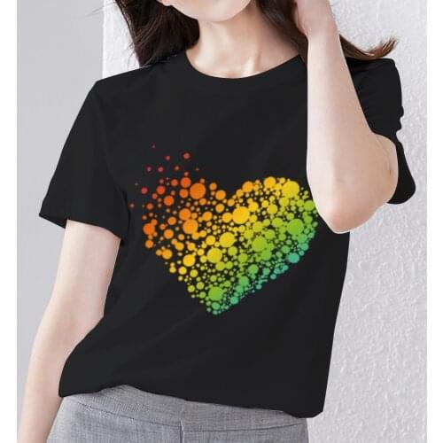 Harajuku Womens T-Shirts Summer High Quality Soft Black Love Heart Pattern Series Female Short Sleeve O-neck Slim Tee Shirt