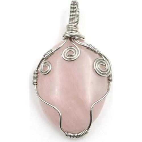 FYJS Unique Silver Plated Wire Wrap Oval Shape Rose Pink Quartz Pendant for Gift Rock Crystal Jewelry