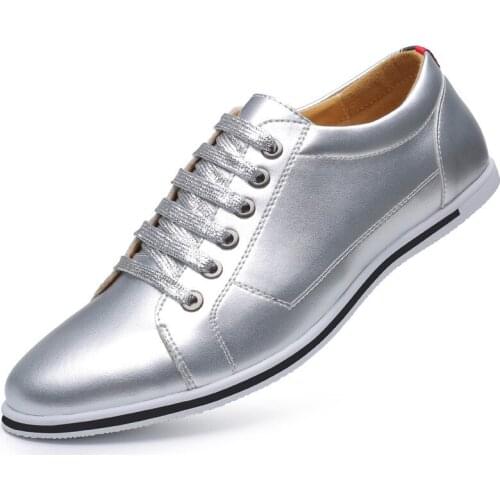 Spring/Autumn Men Leather Casual Shoes Fashion Sneakers Breathable Lightweight Men Flats Gold Sliver Male Flats Footwear 2.5
