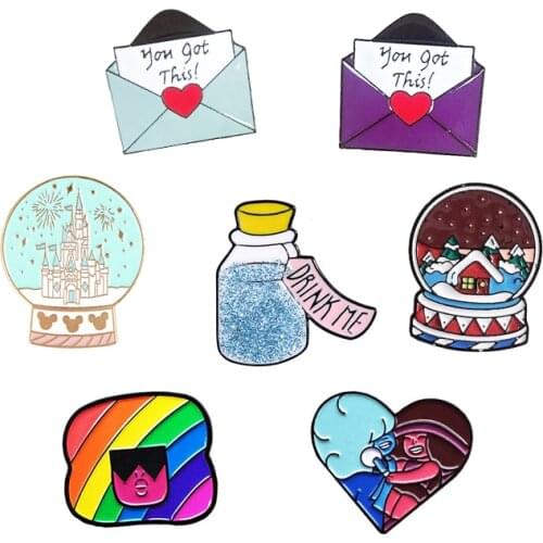 Fashion Brooch Crystal ball envelope Beverage bottle Rainbow heart best friend Enamel pin Christmas new year badge Bijou Gifts