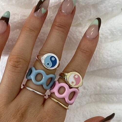 Fashion Vintage Geometric Rings Womens Drops of Oil Tai Chi Bagua Multicolor Alloy Gold Rings Jewelry for Girls