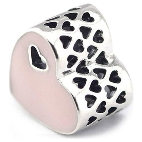 Soft Pink Enamel Heart Charm Beads For Valentine Gift Cut-Out Love Hearts Bead Pure 925-Sterling-Silver Fits Pandora bracelets