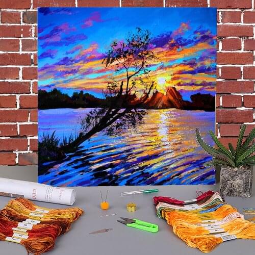 Landscape Sunset Printed Canvas 11CT Cross-Stitch Kit DIY Embroidery DMC Threads Craft Handicraft Handmade Knitting Gift Sales