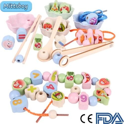 New Montessori Beaded Clip Bead Rollerball Educational Wooden Toy 3D Puzzle Wooden Round Babys Early Rope Training Learning Toys