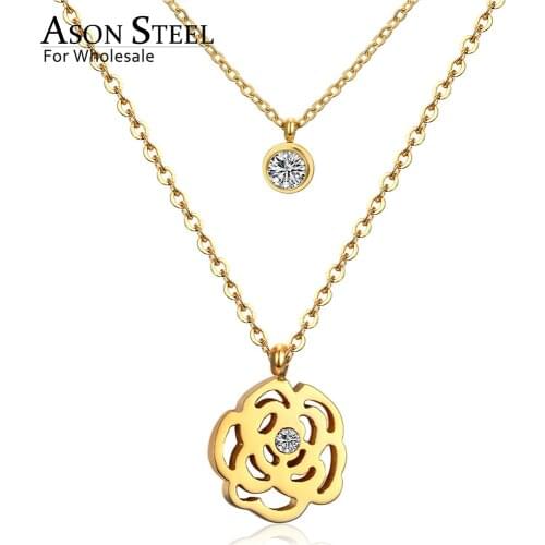 ASONSTEEL Flower Necklaces Bijoux Femme Stainless Steel Double Round Pendant Chain Necklaces Gold/Silver Color Accessories Gift