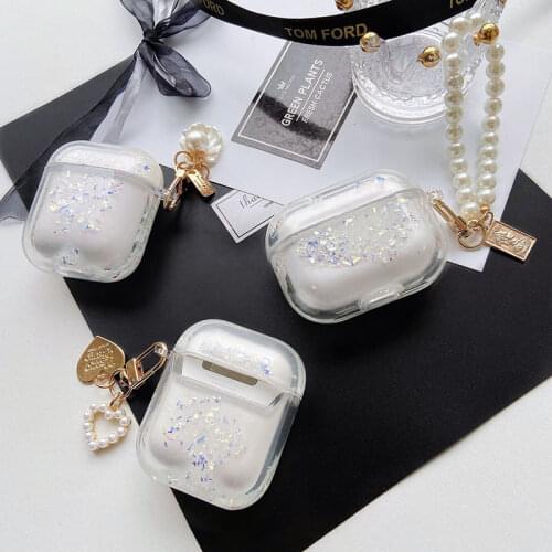 Luxury Glitter Quicksand Hard Earphone Case For apple Airpods 1 2 3 Air Pods Pro Bluetooth Headset Cover Box Shell Pearl keyring