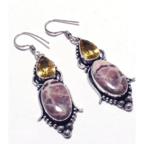 Genuine Jasper + Citrine Silver Overlay on Copper Earrings ,Hand made Women Jewelry Gift , E5341