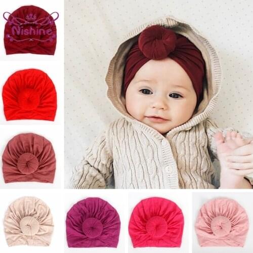 Nishine Infant Newborn Caps with Knot Round Ball Cotton Blend Nylon Turban Girls Stretchy Beanie Hat Baby Kids Hair Accessories